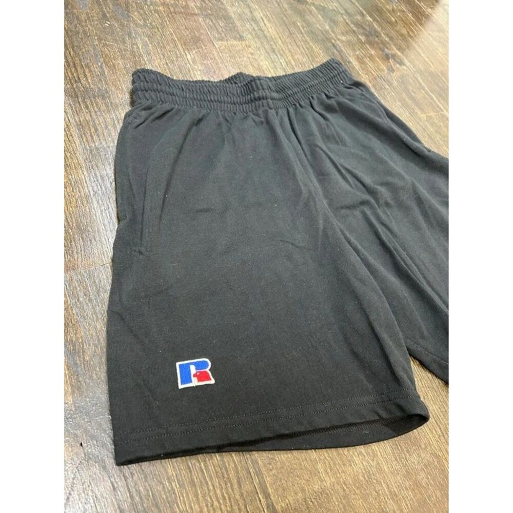 VTG 90 Russell Athletic Blank Black Jersey Shorts M Drawstring Logo Retro Pocket
